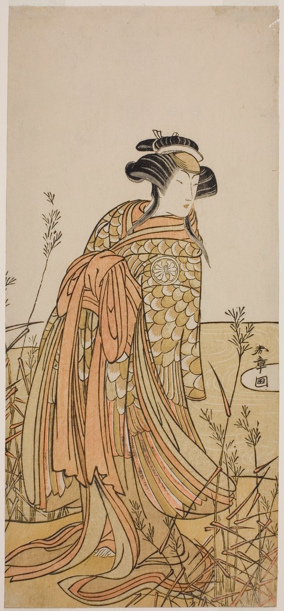 Skådespelaren Segawa Kikunojo III som Spirit of a Mandarin Duck (Oshidori) förklädd till Tagasode, i pjäsen Hana-zumo Genji Hiiki, framförd på Nakamura Theatre i den elfte månaden, 1775 av Katsukawa Shunsho