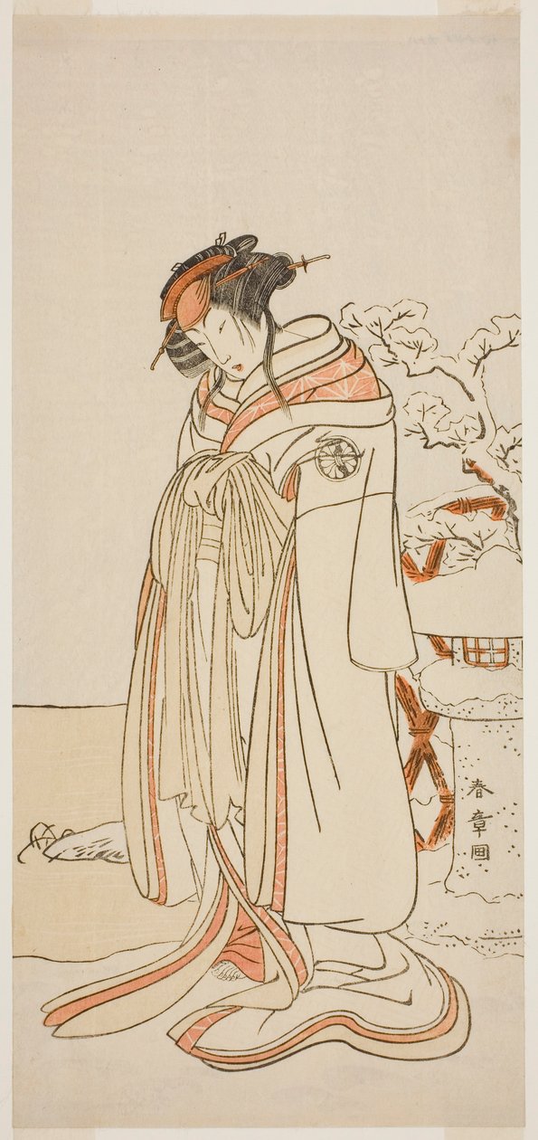 Skådespelaren Segawa Kikunojo III som kurtisanen Kisewata (Tagasode) (?) i pjäsen Hana-zumo Genji Hiiki (?), framförd på Nakamura-teatern (?) under elfte månaden, 1775 (?) av Katsukawa Shunsho
