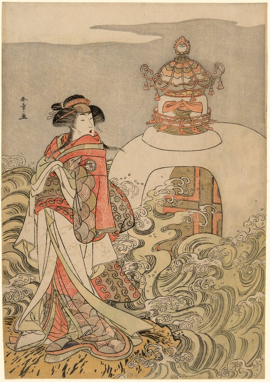 Skådespelaren Segawa Kikunojo III som drakprinsessan i pjäsen Saki Masuya Ume no Kachidoki, framförd på Ichimura-teatern under den elfte månaden, 1778 av Katsukawa Shunsho