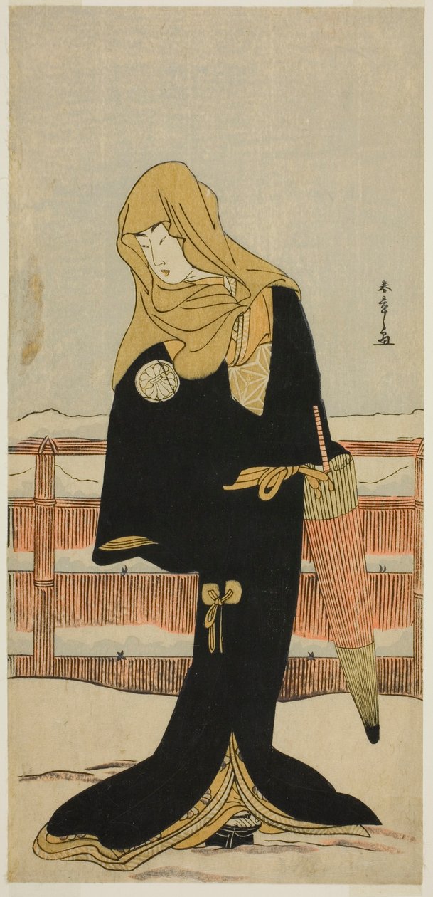 Skådespelaren Segawa Kikunojo III som den väntande Suho förklädd till Tsunokuniya Tsuna, i pjäsen Shitenno Tonoi no Kisewata, framförd på Nakamura Theatre under elfte månaden, 1781 av Katsukawa Shunsho