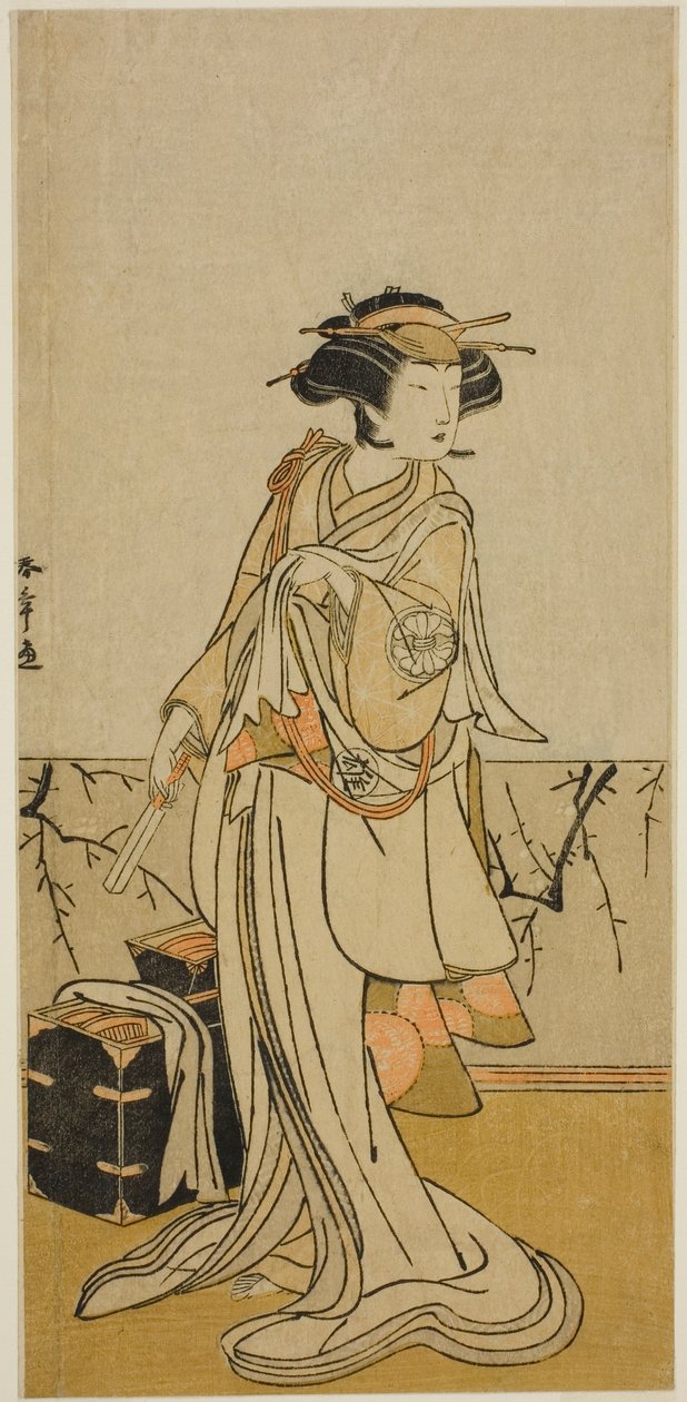 Skådespelaren Segawa Yujiro I som Osai, en kvinnlig frisör, i pjäsen Kamuri Kotoba Soga no Yukari, framförd på Ichimura-teatern under den första månaden, 1776 av Katsukawa Shunsho