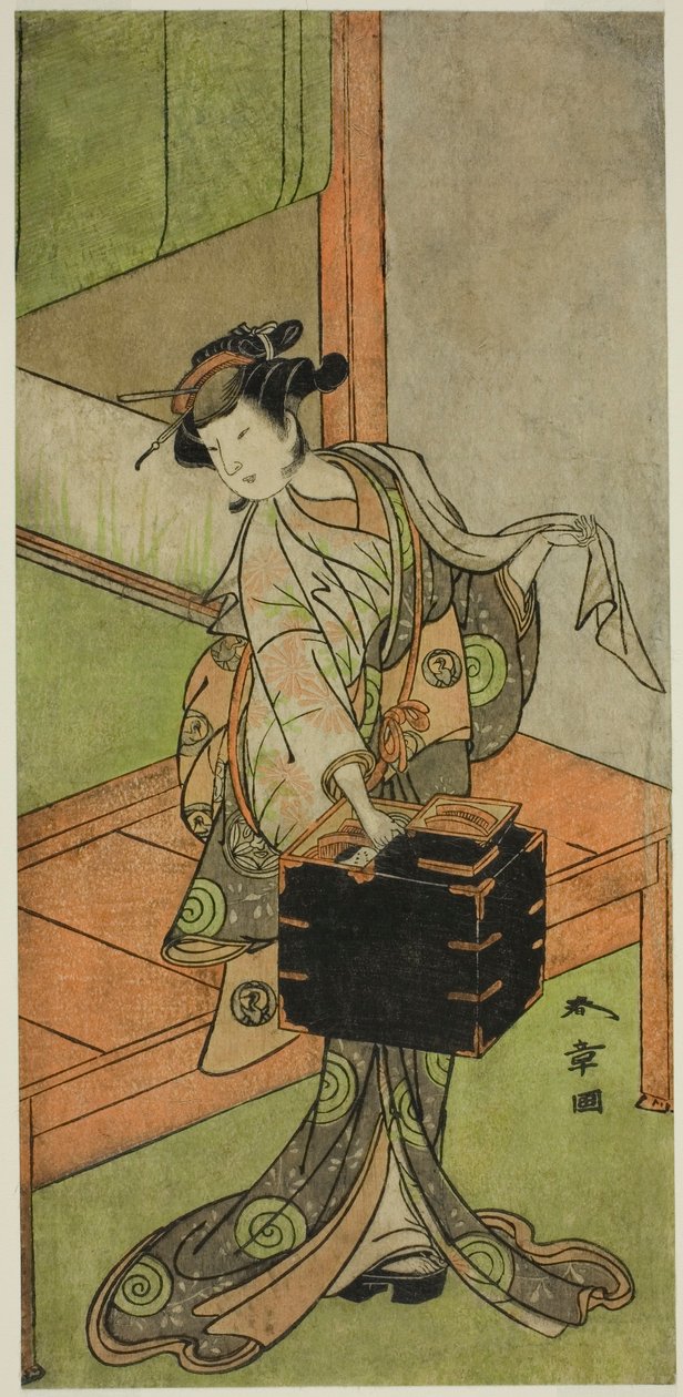 Skådespelaren Yamashita Kinsaku II som Miyagino förklädd till frisör i pjäsen Kosode-gura no Tekubari, framförd på Morita-teatern under andra månaden, 1772 (?) av Katsukawa Shunsho