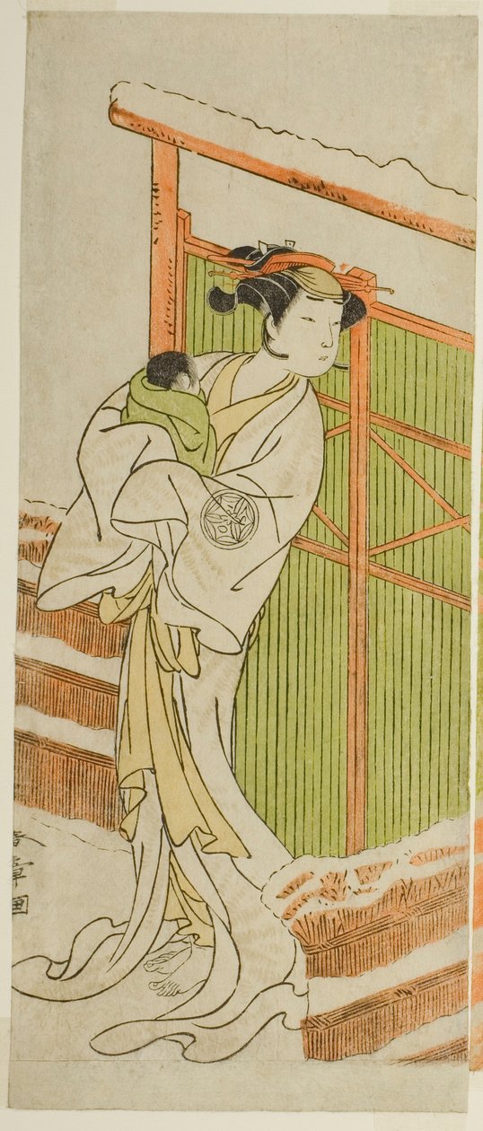 Skådespelaren Yamashita Kinsaku II som Moshio i pjäsen Izu-goyomi Shibai no Ganjitsu, framförd på Morita Theatre i den elfte månaden, 1772 av Katsukawa Shunsho