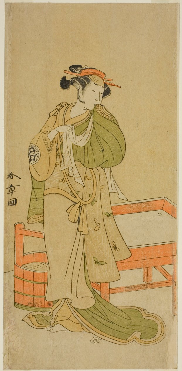 Skådespelaren Yamashita Kinsaku II som Moshio i pjäsen Izu-goyomi Shibai no Ganjitsu, framförd på Morita Theatre i den elfte månaden, 1772 av Katsukawa Shunsho