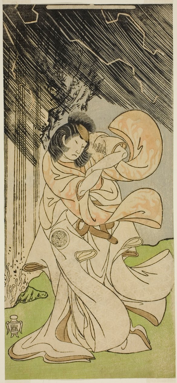 Skådespelaren Yamashita Kinsaku II som en åskgudinna i pjäsen Onna Narukami, framförd på Morita Theatre under den första månaden, 1770 av Katsukawa Shunsho