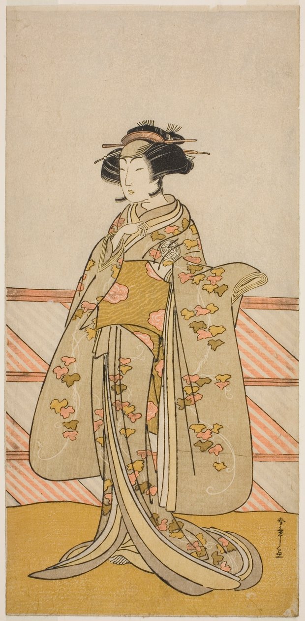 Skådespelaren Yoshizawa Iroha I som Tamamo no Mae (?) i pjäsen Sakuya Kono Hana no Kaomise (?), framförd på Nakamura Theatre (?) under elfte månaden, 1776 (?) av Katsukawa Shunsho