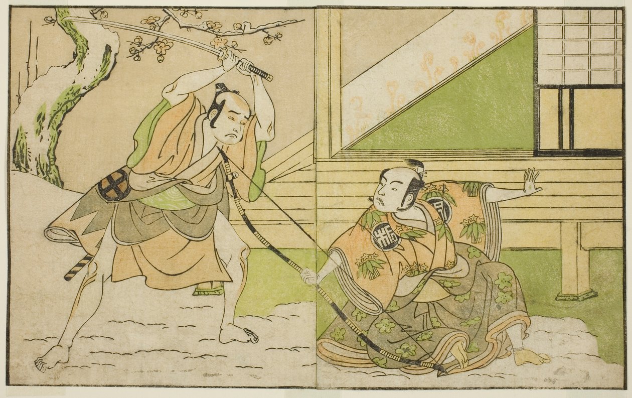 Skådespelarna Arashi Sangoro II som Hojo Tokiyori (höger) och Otani Hiroji III som Koga Saburo (vänster), i pjäsen Kono Hana Yotsugi no Hachi no Ki, framförd på Ichimura-teatern under den elfte månaden, 1771 av Katsukawa Shunsho