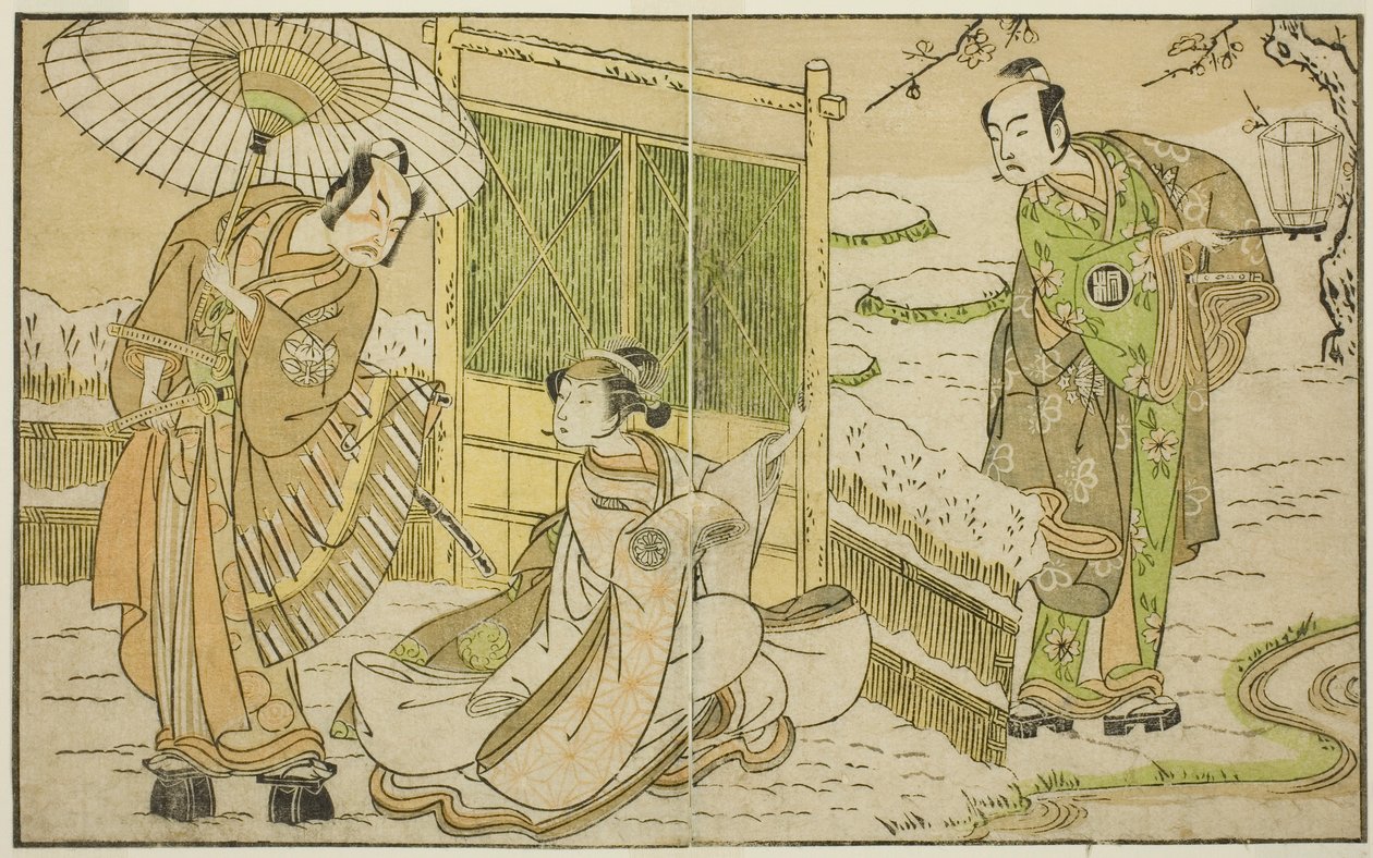 Skådespelarna Arashi Sangoro II som Minamoto no Yoritomo (höger), Segawa Kikunojo II som Yuki Onna (mitten) och Ichimura Uzaemon IX som Kajiwara Genta no Kagetoki, i pjäsen Myoto-giku Izu no Kisewata, framförd på Ichimura Theatre i Elfte månaden, av Katsukawa Shunsho