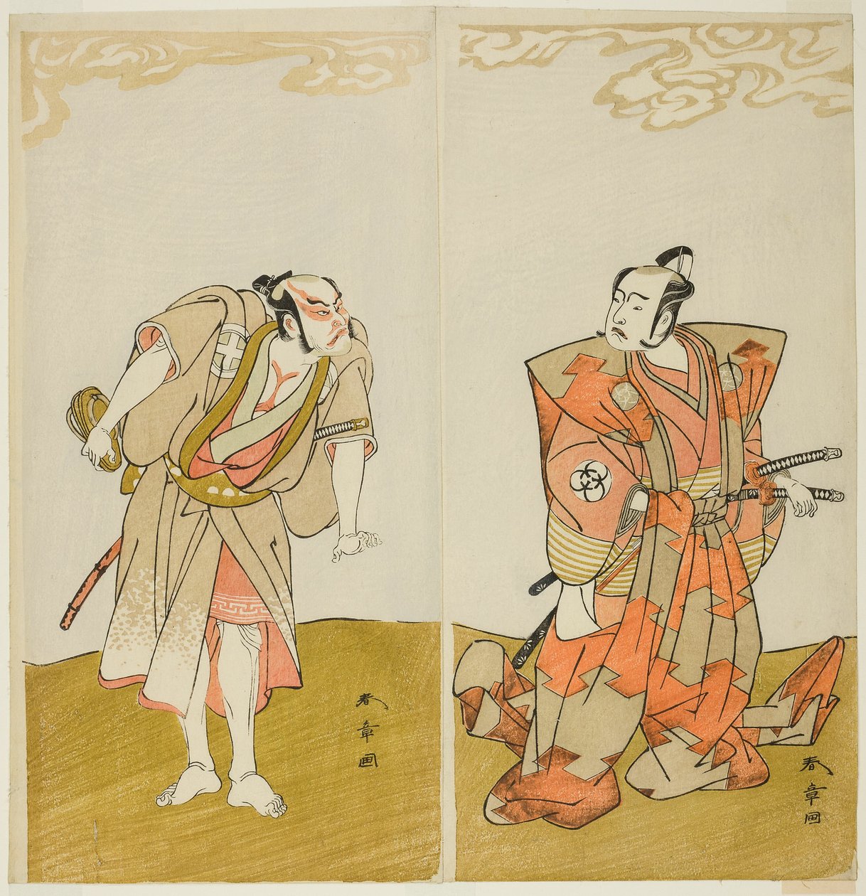 Skådespelarna Bando Mitsugoro I som Hata no Kawakatsu (höger) och Otani Hiroemon III som tjänaren (Yakko) Gansuke (vänster), i pjäsen Miya-bashira Iwao no Butai (Shrine Pillars on a Stone Base), framförd på Morita Teater från den femtonde dagen t av Katsukawa Shunsho