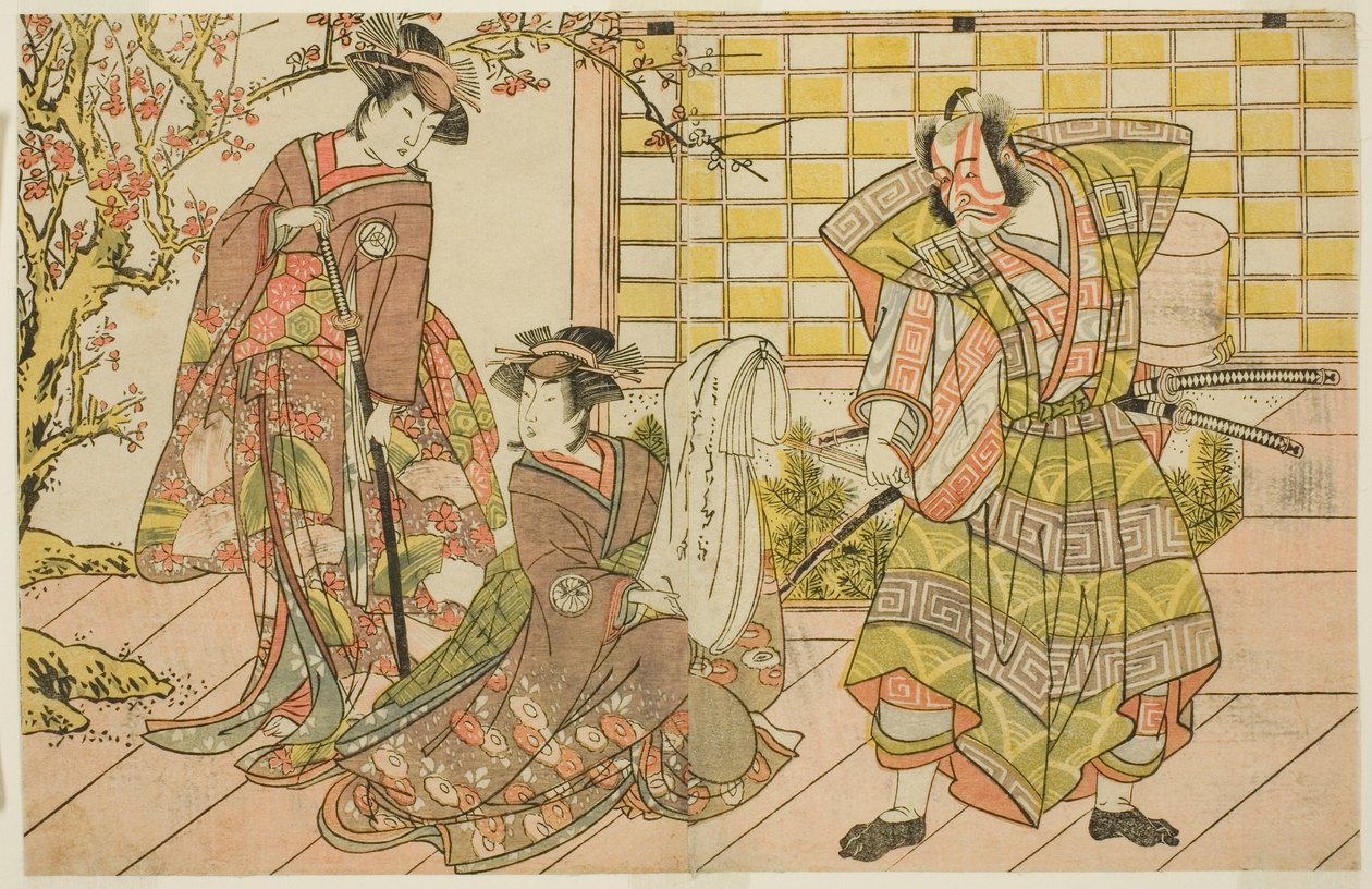 Skådespelarna Ichikawa Danjuro V som Miura Kunitae (höger), Segawa Kikunojo III som Yasukata (mitten) och Iwai Hanshiro IV som Utou (vänster), i pjäsen Godai Genji Mitsugi no Furisode, framförd på Nakamura Theatre under den elfte månaden, 1782 av Katsukawa Shunsho