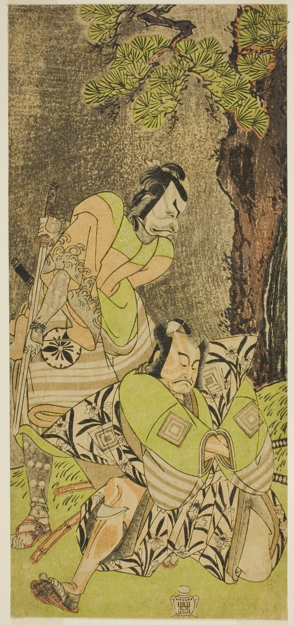 Skådespelarna Ichikawa Danzo III som I no Hayata Tadazumi (höger) och Matsumoto Koshiro II som Osada no Taro Kagemune (vänster), i pjäsen Nue no Mori Ichiyo no Mato, framförd på Nakamura Theatre i elfte månaden, 1770 av Katsukawa Shunsho