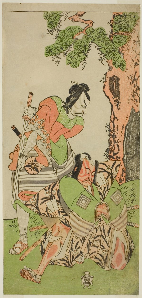 Skådespelarna Ichikawa Danzo III som I no Hayata Tadazumi (höger) och Matsumoto Koshiro II som Osada no Taro Kagemune förklädd till Yatsurugi Zaemon (vänster), i pjäsen Nue no Mori Ichiyo no Mato, framförd på Nakamura Theatre under elfte månaden , 1770 av Katsukawa Shunsho