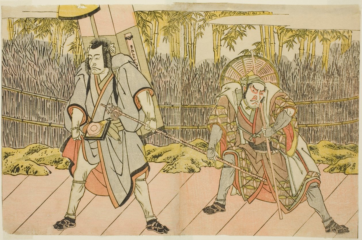 Skådespelarna Ichikawa Danzo IV som Arakawa Taro Takesada förklädd till Palanquin-bäraren Tarobei (höger), och Ichikawa Danjuro V som Abe no Sadato förklädd till pilgrimen Kuriyagawa Jirodayu (till vänster), i pjäsen Godai Genji Mitsugi no Furisode, framfö av Katsukawa Shunsho