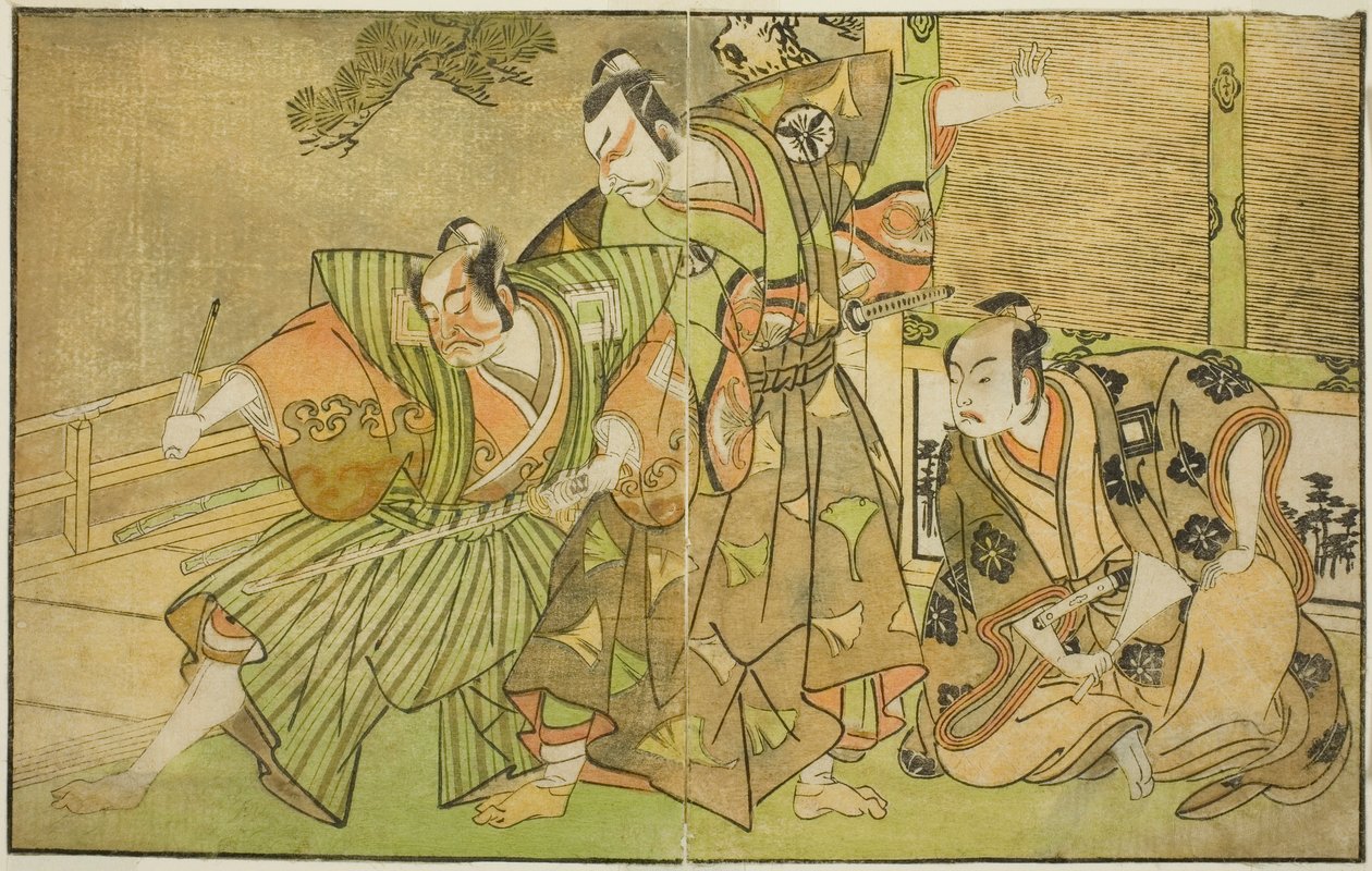 Skådespelarna Ichikawa Komazo II som Minamoto no Yorimasa (höger), Matsumoto Koshiro II som Osada no Taro Kagemune förklädd till Yatsurugi Zaemon (mitten), och Ichikawa Danzo III som I no Hayata Tadazumi (vänster), In the Play Nue no Mori Ichiyo no Mato, u av Katsukawa Shunsho