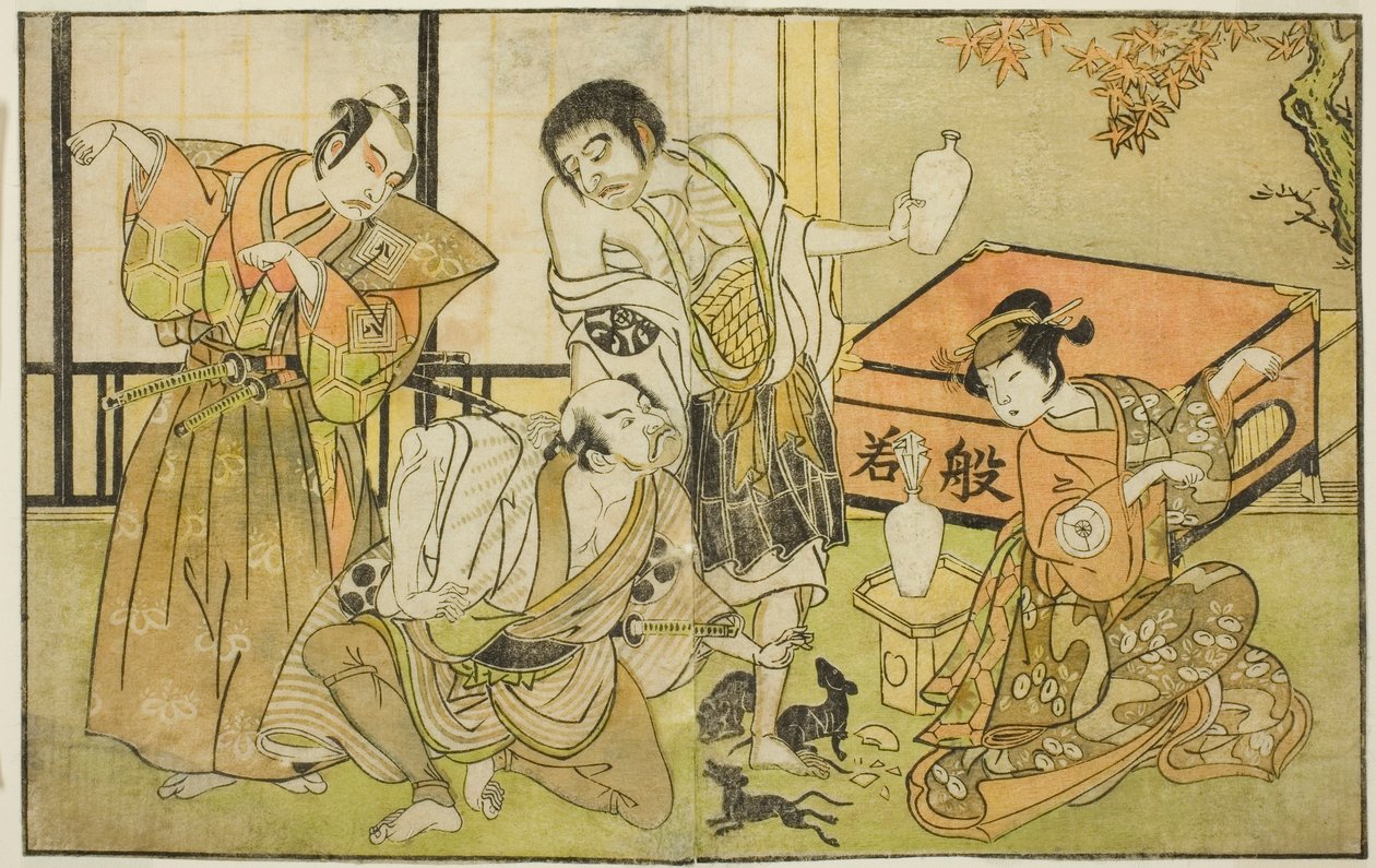Skådespelarna Iwai Hanshiro IV som Otatsu-gitsune, Nakamura Nakazo I som Raigo Ajari, Sakata Tojuro III som Kamada Gon-no-kami Masayori och Ichikawa Yaozo II som Sakon-gitsune (höger till vänster), i pjäsen "Nue no Mori" Ichiyo no Mato," uppträdde på Nakam av Katsukawa Shunsho