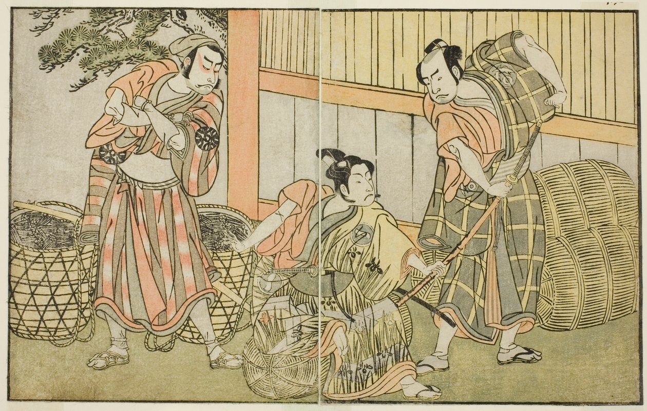 Skådespelarna Kasaya Matakuro II som Hagun Taro (höger), Ichikawa Monnosuke II som Izutsu no Suke Narihira (i mitten) och Nakamura Nakazo I som Kose no Kanaoka förklädd till Sogoro the Charcoal Maker, i pjäsen Kuni no Hana Ono no Itsumoji, framförd vid Nak av Katsukawa Shunsho
