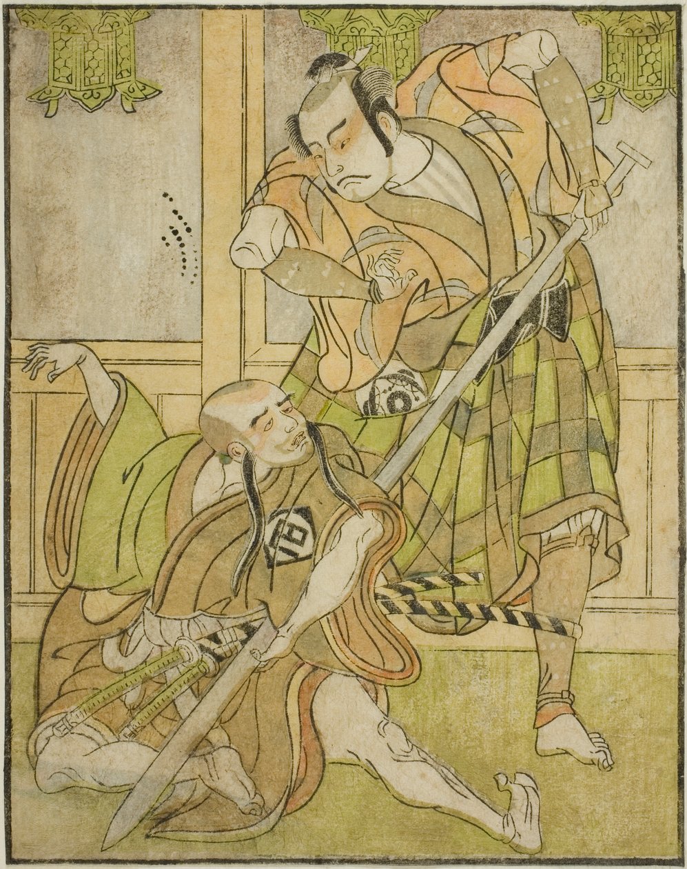 Kasaya Matakuro II som Nobuyori förklädd till Yakko Gunnai (höger) och Miyazaki Hachizo som lekmannamunken Hambyo Nyudo (vänster), i pjäsen Nue no Mori Ichiyo no Mato, uppförd på Nakamura Theatre under elfte månaden, av Katsukawa Shunsho