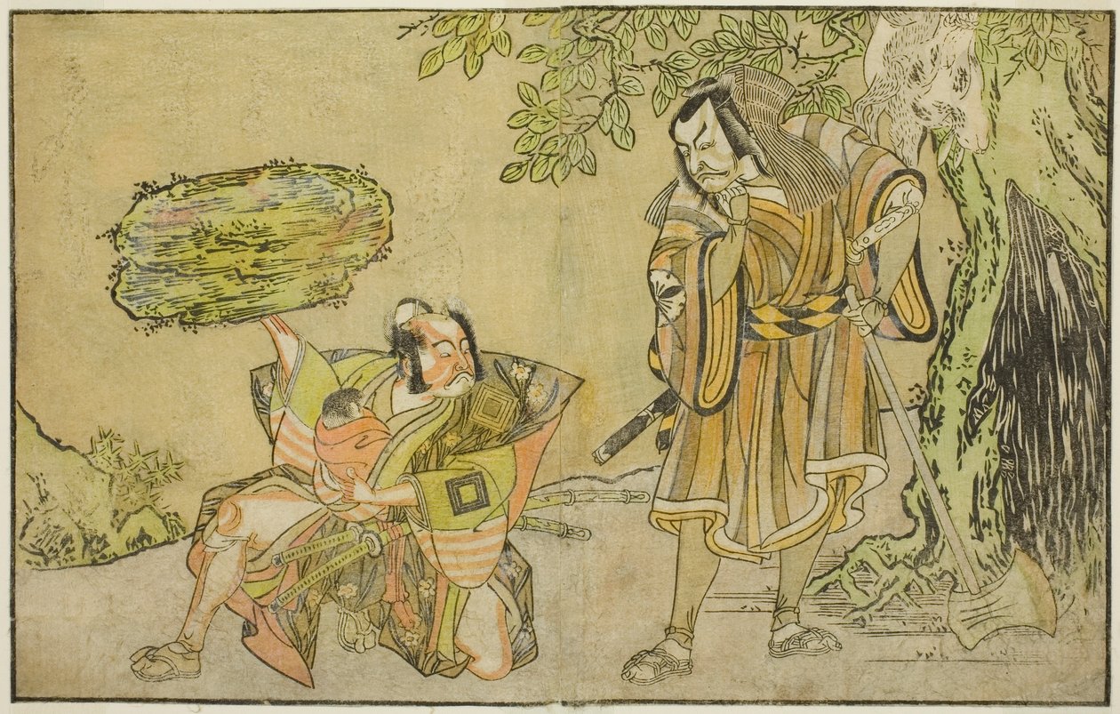 Skådespelarna Matsumoto Koshiro II som Osada no Taro Kagemune förklädd som vedhuggaren Gankutsu no Gorozo (höger) och Ichikawa Danzo III som I no Hayata Tadazumi (vänster), i pjäsen Nue no Mori Ichiyo no Mato, framförd på Nakamura Theatre i de elva av Katsukawa Shunsho