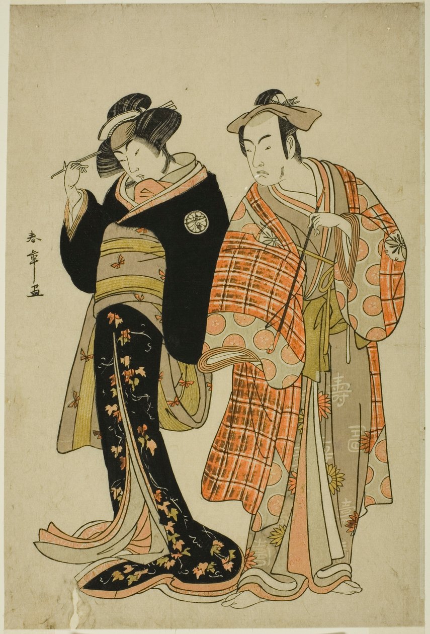 Skådespelarna Matsumoto Koshiro IV och Segawa Kikunojo III som Lovers Choemon (höger) och Ohan (vänster), i Elopement-scenen "Michiyuki Segawa no Adanami" (An Elopement: Treacherous Waves in the Shallow River), ett dansmellanspel från del två av pjäsen av Katsukawa Shunsho