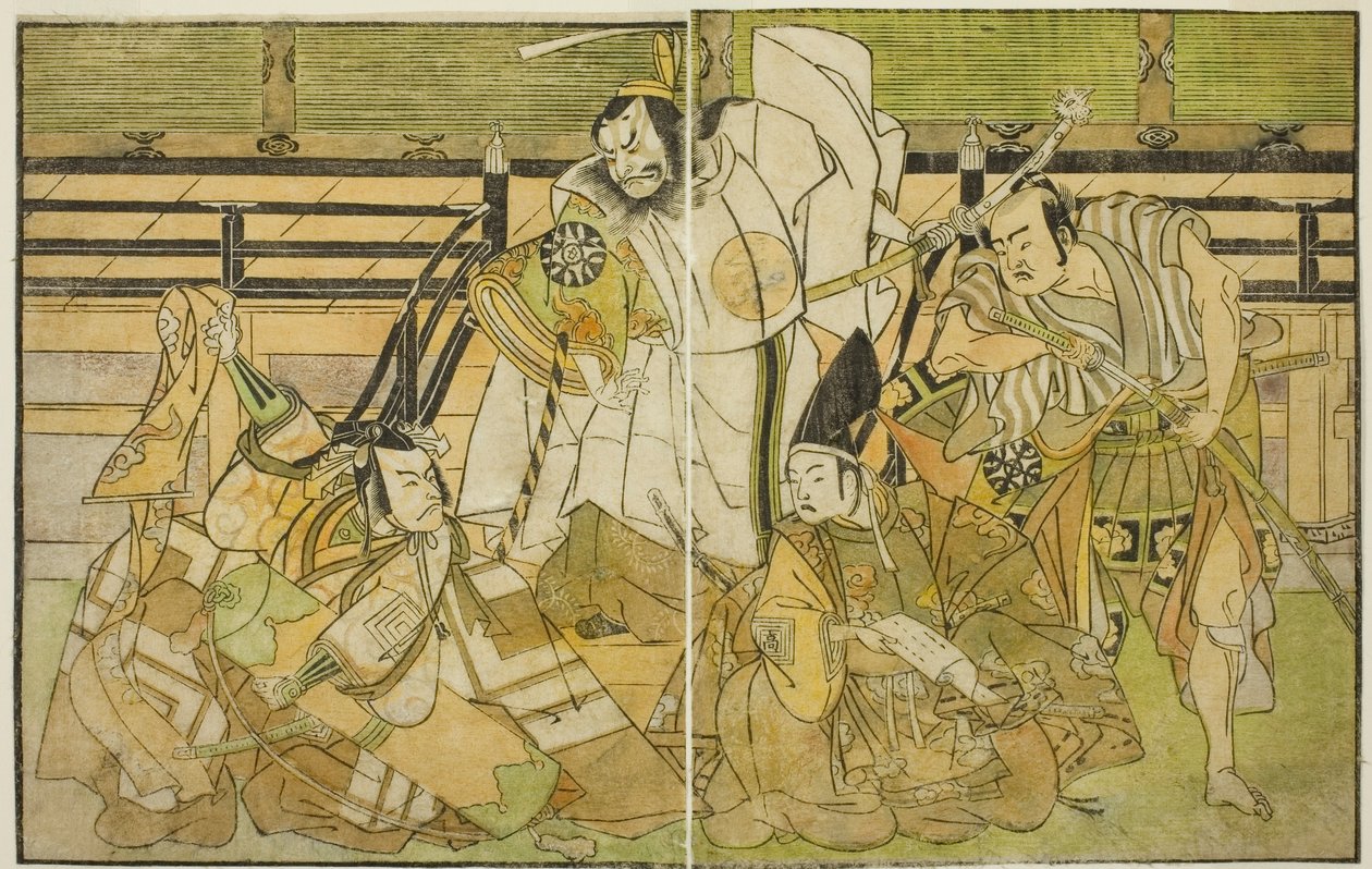 Skådespelarna Nakamura Denkuro II som Seno-o Taro, Ichikawa Komazo II som Yorimasa, Nakamura Nakazo I som Taira no Kiyomori och Ichikawa Danjuro V som Kiou Takiguchi (höger till vänster), i pjäsen Nue no Mori Ichiyo no Mato, framförd kl. Nakamura Theatre i av Katsukawa Shunsho