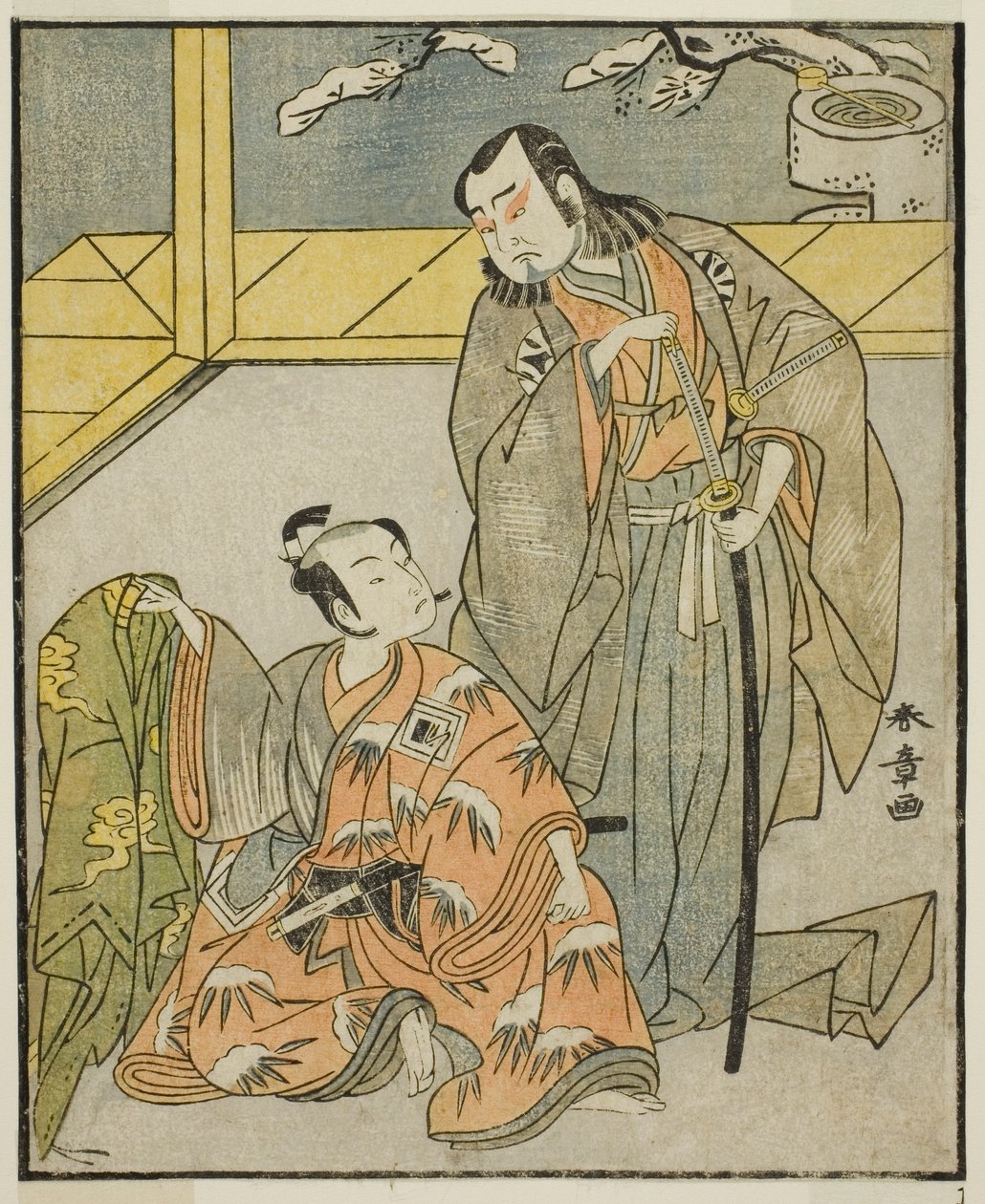 Skådespelarna Nakamura Denkuro II som Suma no Dairyo (höger) och Ichikawa Komazo II som Ariwara no Yukihira (vänster), i pjäsen Kuni no Hana Ono no Itsumoji, framförd på Nakamura Theatre i den elfte månaden, 1771 av Katsukawa Shunsho