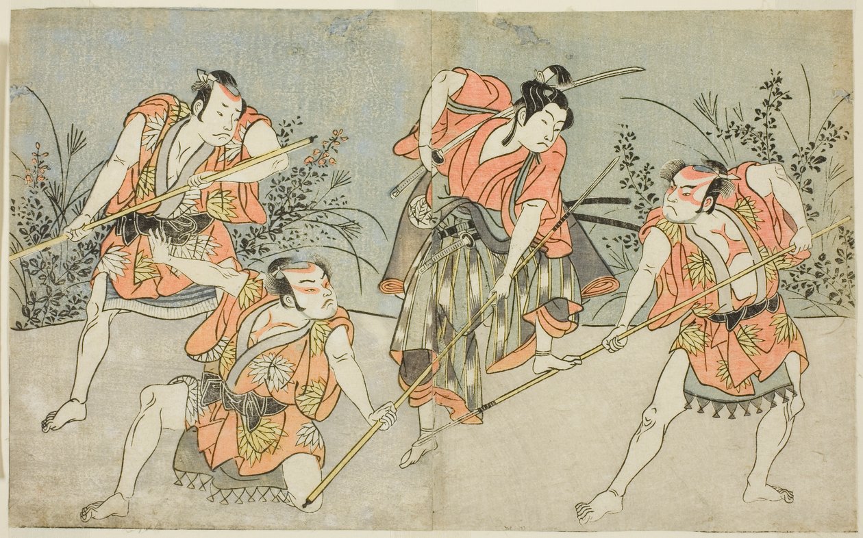 Skådespelarna Nakamura Kashiwagi som en Wakashu (andra från höger) och tre oidentifierade skådespelare som Yakko av Katsukawa Shunsho