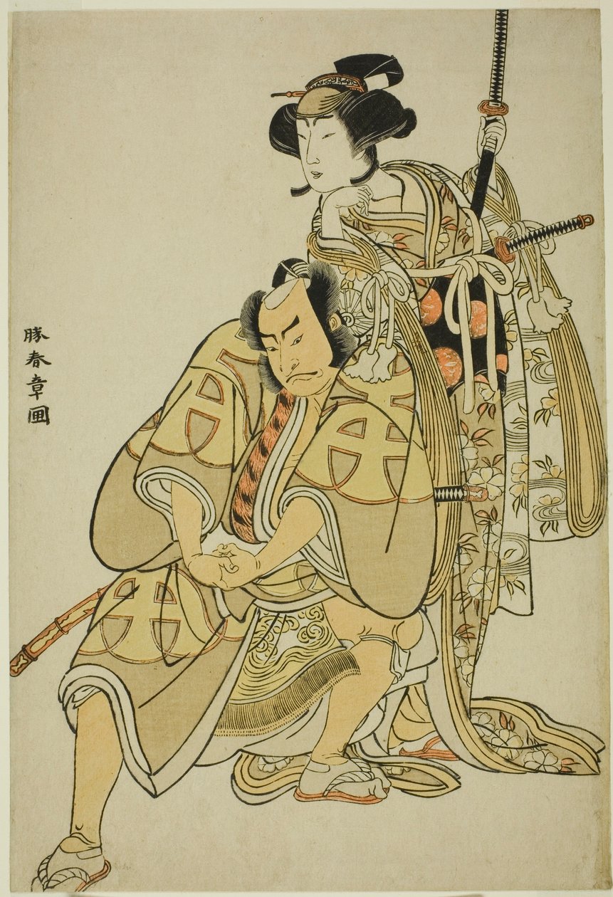 Skådespelarna Nakamura Nakazo I som Hata Rokurozaemon förklädd till samurajens betjänt (Yakko) Igaguri Hanehei (vänster), och Nakamura Noshio I som hovdamen Koto no Naishi (höger), i danssekvensen "Sodegasa Momiji no Tekuda" (Paraplyärmar av Katsukawa Shunsho