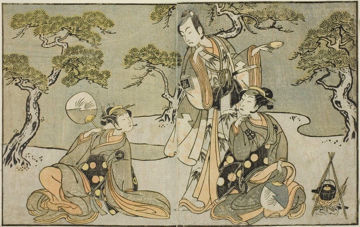 Skådespelarna Nakamura Nakazo I som Matsukaze (höger), Ichikawa Komazo II som Ariwara no Yukihira (mitten) och Iwai Hanshiro IV som Murasame (vänster), i pjäsen Kuni no Hana Ono no Itsumoji, framförd på Nakamura Theatre i den elfte Månad, 1771 av Katsukawa Shunsho