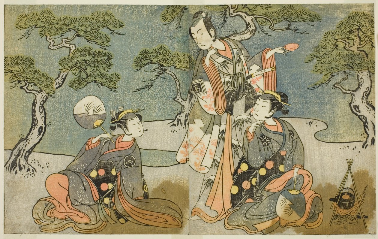 Skådespelarna Nakamura Nakazo I som Matsukaze (höger), Ichikawa Komazo II som Ariwara no Yukihira (mitten) och Iwai Hanshiro IV som Murasame (vänster), i pjäsen Kuni no Hana Ono no Itsumoji, framförd på Nakamura Theatre i den elfte Månad, 1771 av Katsukawa Shunsho