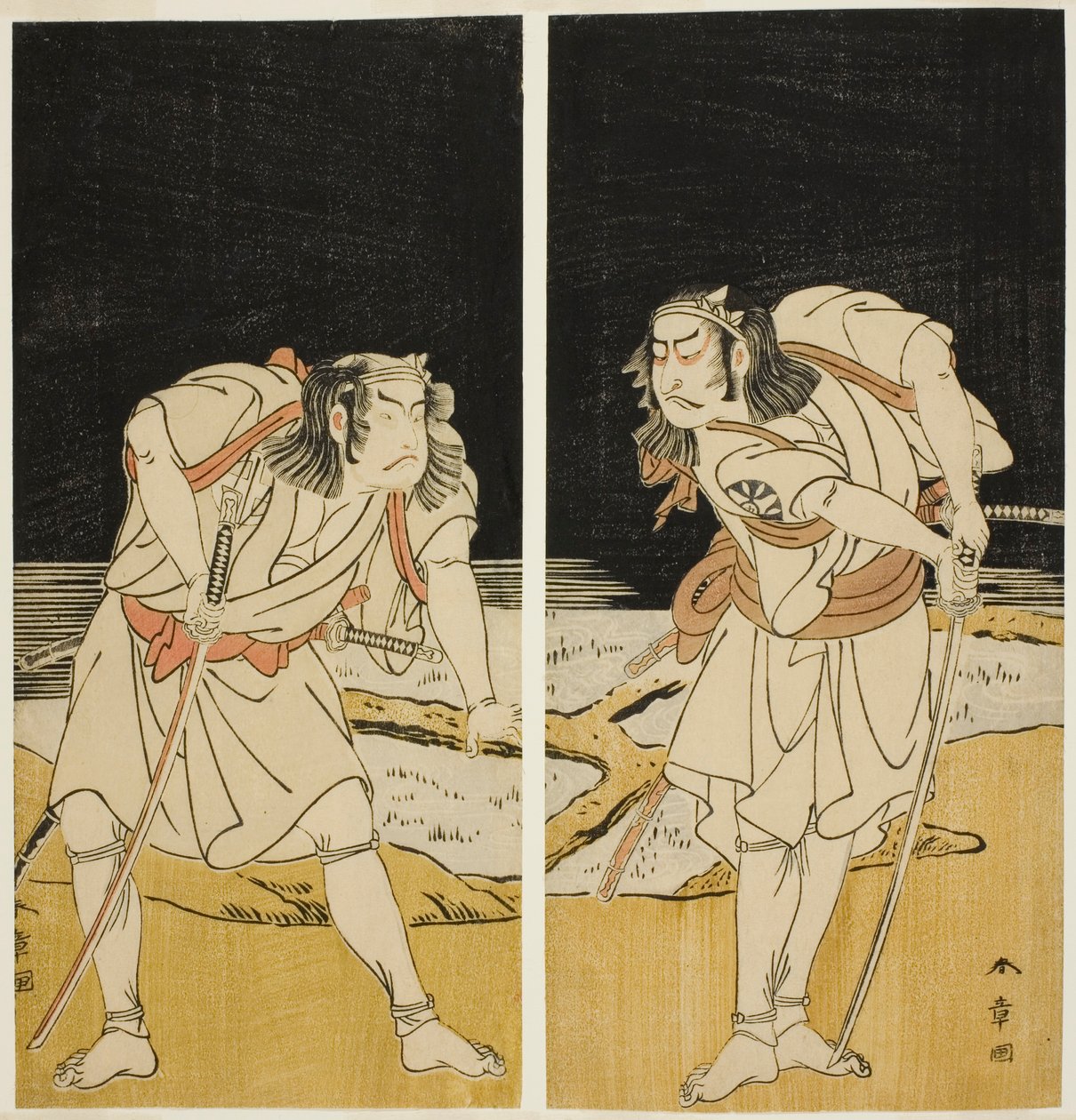 Skådespelarna Nakamura Nakazo I som Omi no Kotoda (höger) och Otani Hiroji III som Bamba no Chuda (vänster), i Joruri "Sono Chidori Yowa no Kamisuki" (The Plovers: Combing Hair at Midnight), från del två av filmen Spela O-atsurae-zome Soga no Hinagata (A S av Katsukawa Shunsho