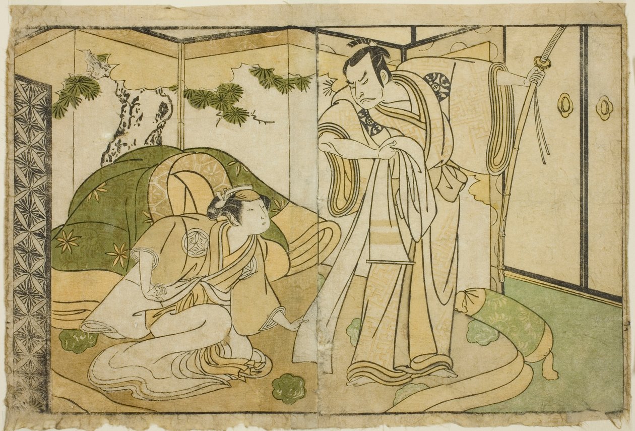 Skådespelarna Nakamura Nakazo I som Taira no Kiyomori (höger) och Yamashita Kinsaku II som Tokiwa Gozen (vänster), i pjäsen Nue no Mori Ichiyo no Mato, framförd på Nakamura Theatre i den elfte månaden, 1770 av Katsukawa Shunsho