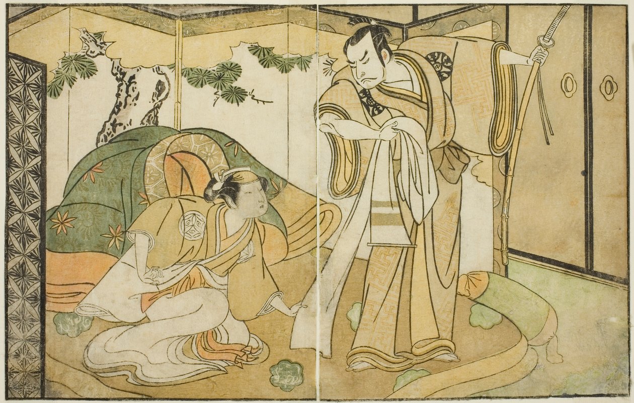 Skådespelarna Nakamura Nakazo I som Taira no Kiyomori (höger) och Yamashita Kinsaku II som Tokiwa Gozen (vänster), i pjäsen Nue no Mori Ichiyo no Mato, framförd på Nakamura Theatre i den elfte månaden, 1770 av Katsukawa Shunsho