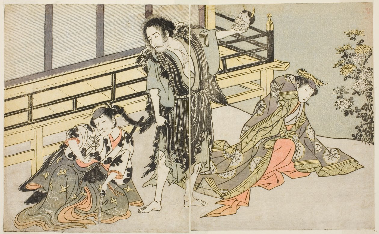 Skådespelarna Nakamura Noshio I som Nyosan no Miya (höger), Ichikawa Danjuro V som Renegade Monk Yochin (mitten) och Yamashita Kinsaku II som Maid Mutsuhana (vänster), i pjäsen Fuki Kaete Tsukimo Yoshiwara, framförd på Morita Theatre i elvan av Katsukawa Shunsho