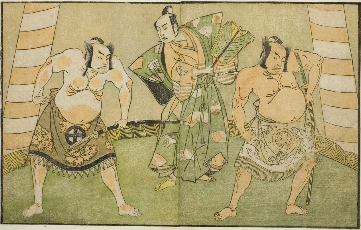 Skådespelarna Nakamura Sukegoro II som Matano no Goro (höger), Onoe Kikugoro I som Soga no Taro (mitten) och Otani Hiroji III som Kawazu no Saburo (vänster), i pjäsen Myoto-giku Izu no Kisewata, framförd på Ichimura Teater i elfte månaden, 1770 av Katsukawa Shunsho