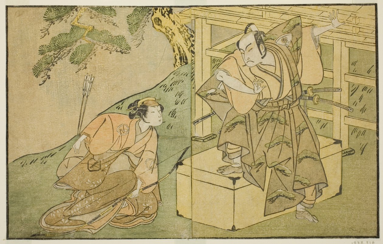 Skådespelarna Onoe Matsusuke I som Akaboshi Taro (höger) och Azuma Tozo II som Shirotae (vänster), i pjäsen Kono Hana Yotsugi no Hachi no Ki, framförd på Ichimura-teatern under den elfte månaden, 1771 av Katsukawa Shunsho