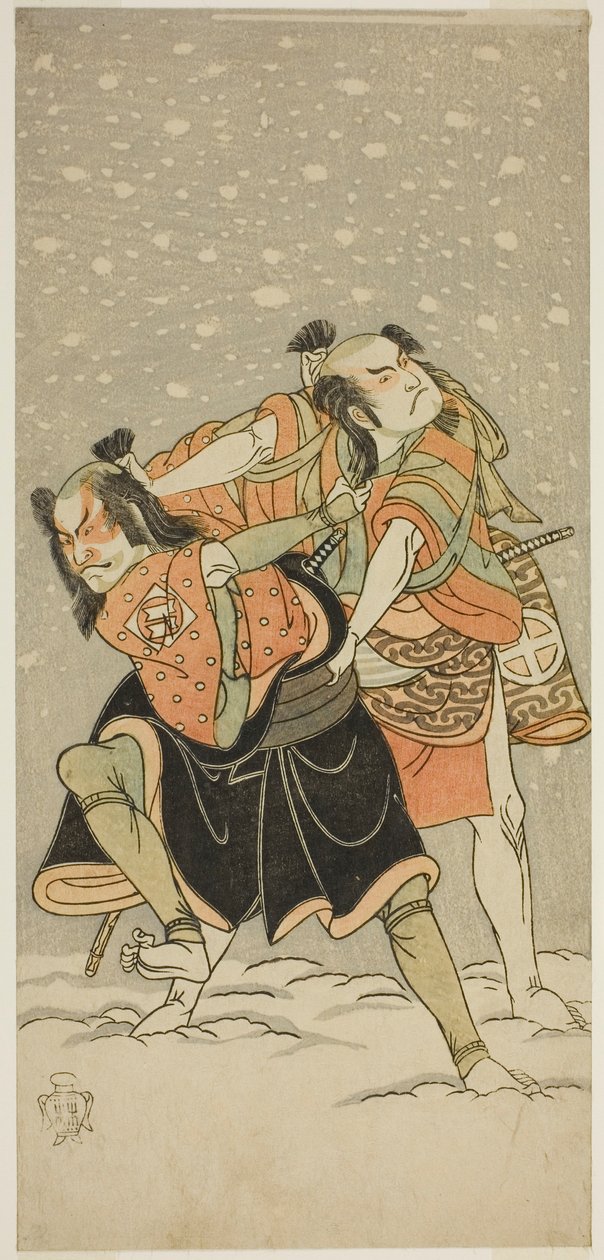 Skådespelarna Otani Hiroji III som Kameo (höger) och Sakata Sajuro I som Ario (vänster), i pjäsen Hime Komatsu Ne no Hi Asobi, framförd på Ichimura Theatre i den nionde månaden, 1768 av Katsukawa Shunsho