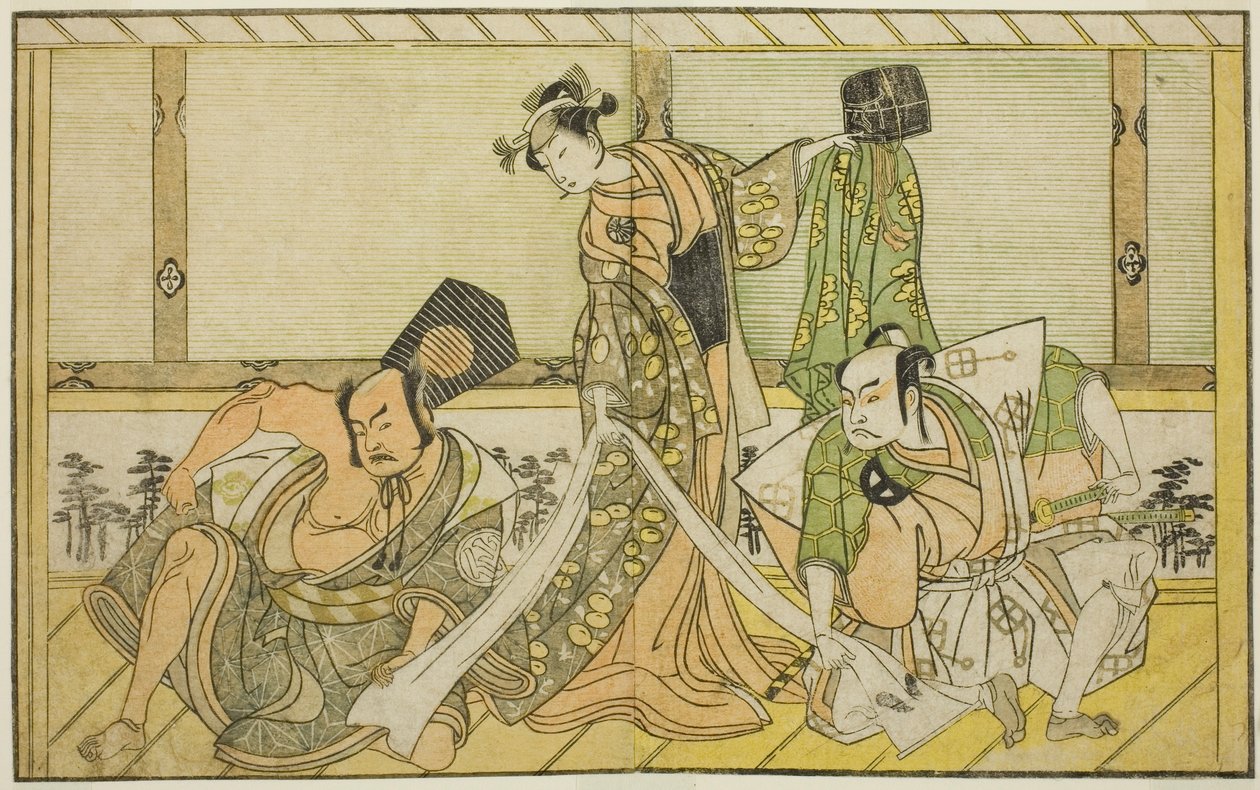 Skådespelarna Otani Hiroji III som Kawazu no Saburo (höger), Segawa Kikunojo II som prinsessan Tatsu (Tatsu Hime) (mitten) och Nakamura Sukegoro II som Matano no Goro (vänster), i pjäsen Myoto-giku Izu no Kisewata, framförd på Ichimura Theatre in the Eleve av Katsukawa Shunsho