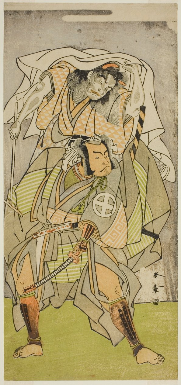 Skådespelarna Otani Hiroji III som Koga Saburo, och Ichimura Uzaemon IX som djävulen från Kogakeyama, Anden från Wakasa no Zenji Yasumura, i pjäsen Kono Hana Yotsugi no Hachi no Ki, framförd på Ichimura-teatern under elfte månaden, 1771 av Katsukawa Shunsho