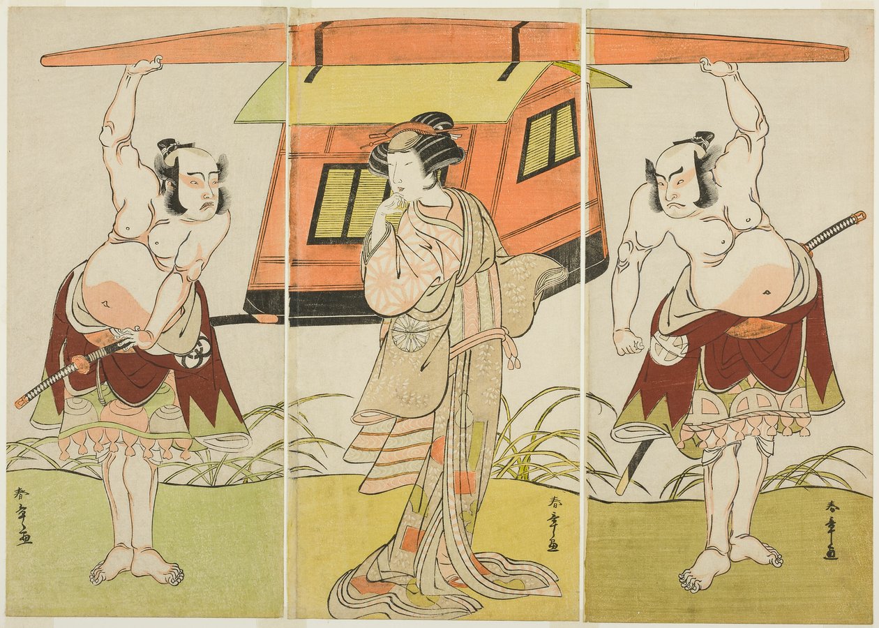 Skådespelarna Otani Hiroji III som Yokambei (höger), Nakamura Tomijuro I som Kuzunoha (mitten) och Bando Mitsugoro I som Yakambei (vänster), i den sista scenen från pjäsen Shinodazuma (Hustrun från Shinoda-skogen), framförd som ett komplement till Play Kik av Katsukawa Shunsho