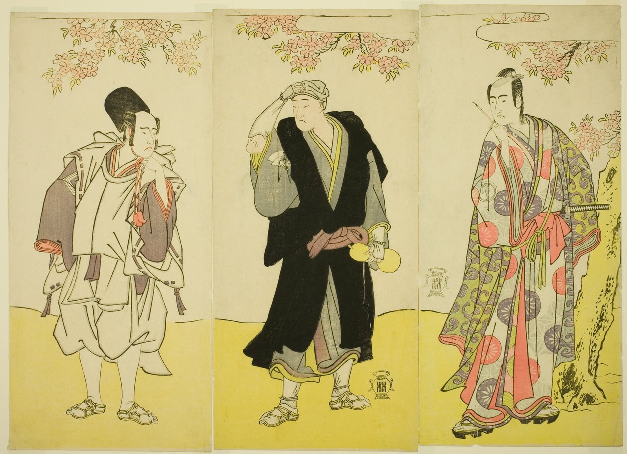 Skådespelarna Sawamura Sojuro III som Kusunoki Tatewaki Masatsura (höger), Onoe Matsusuke I som munken Sahei Bozu (mitten) och Ichikawa Yaozo III som prinsens tjänare Kusunoki Uraminosuke (vänster), i pjäsen Kumoi no Hana Yoshino no Wakamusha, uppförd på av Katsukawa Shunsho
