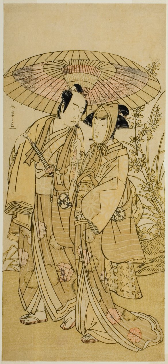 Skådespelarna Segawa Kikunojo III (höger) som Ochiyo, och Bando Mitsugoro I (vänster) som grönsakshandlaren Hambei, i pjäsen Kabuki no Hana Bandai Soga, framförd på Ichimura-teatern den fjärde månaden, 1781 av Katsukawa Shunsho