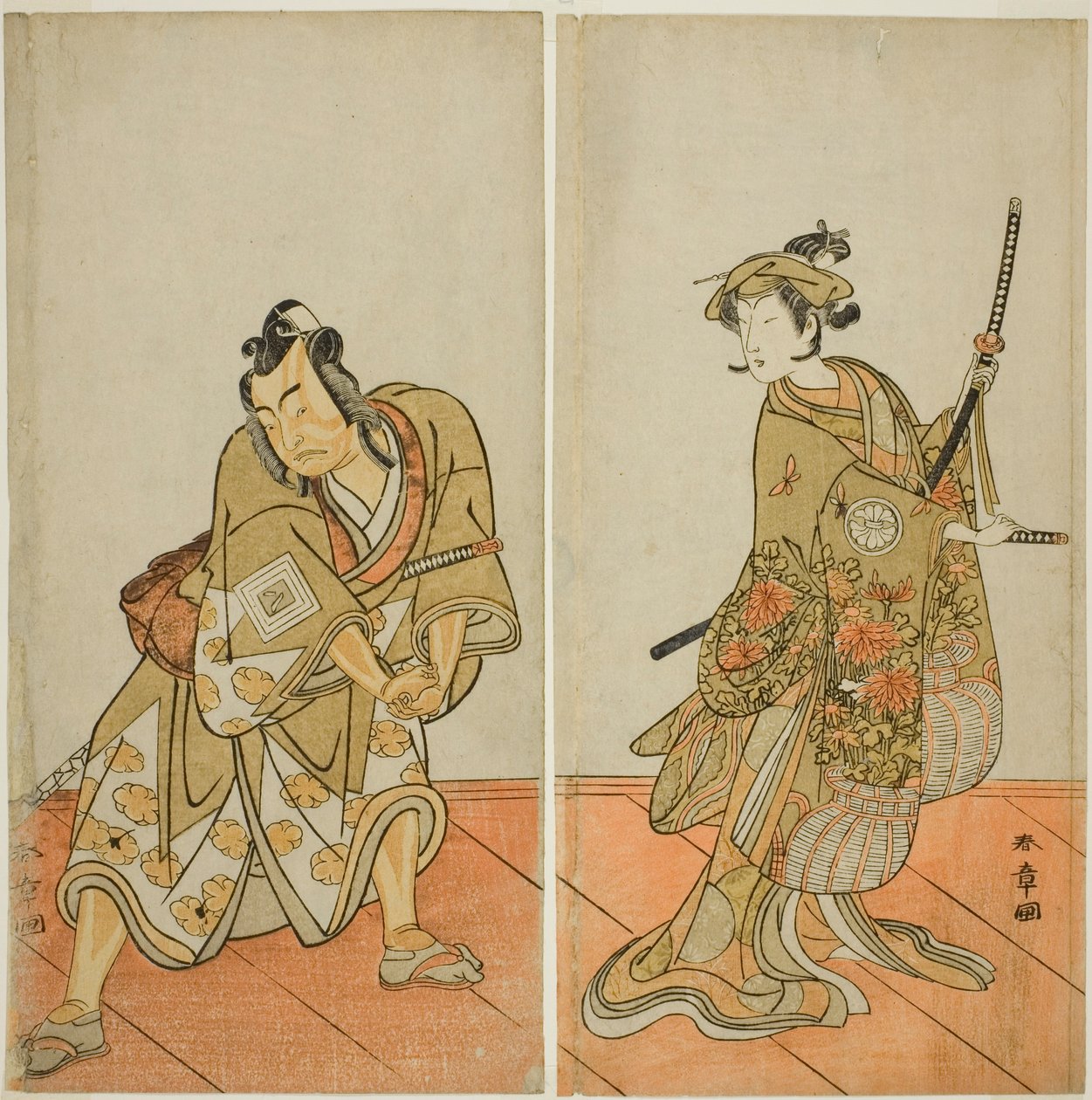 The Actors Segawa Kikunojo III as Aigo no Waka (right), and Ichikawa Yaozo II as Hachio-maru Aratora (left), in the Play Chigo Sakura Jusan Kane, Performed at the Ichimura Theater in the Eleventh Month, 1774 av Katsukawa Shunsho