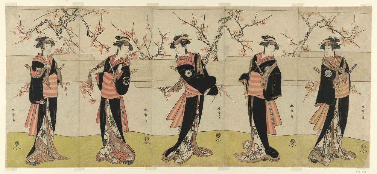 Skådespelarna Segawa Kikunojo III som Karigane Obun, Nakayama Tomisaburo I som An no Oyasu, Iwai Kiyotaro II som Kaminari no Osha, Nakayama Tatezo I som Gokuin no Osen och Ichikawa Monnosuke II som Hotei no Oichi (höger till vänster), i "Gonin" Onna," Scen av Katsukawa Shunsho