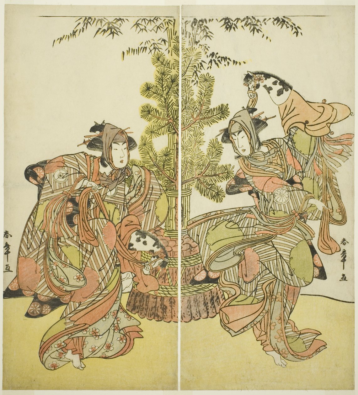 Skådespelarna Segawa Kikunojo III som Yasukata (höger) och Iwai Hanshiro IV som Utou (vänster) i pjäsen Godai Genji Mitsugi no Furisode, framförd på Nakamura Theatre i den elfte månaden, 1782 av Katsukawa Shunsho