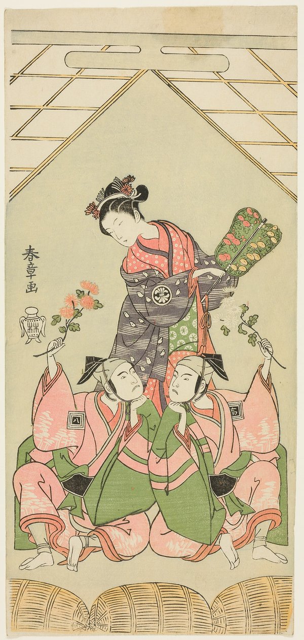 Skådespelarna Segawa Kikunojo II som den våta sjuksköterskan Reizei, Ichikawa Komazo I som Suruga no Hachiro i skepnad av Shamisen Player Kichiroku (höger), och Ichikawa Yaozo II som Tada no Kurando i skepnad av Palanquin-bäraren Kichinai (vänster), i scen av Katsukawa Shunsho