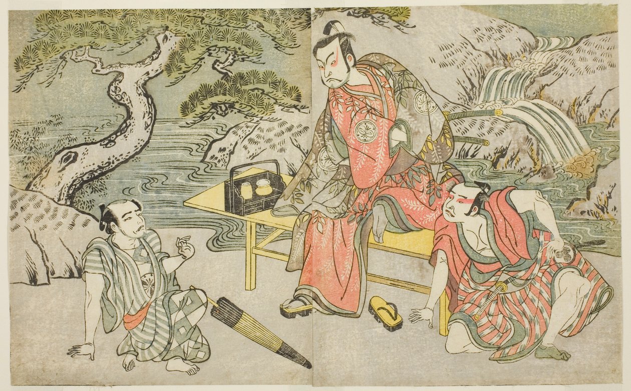Skådespelarna Tomizawa Hanzaburo II som Nagoya Sanzaemon (ofta kallad Sanza) (höger), Nakamura Juzo II som Fuwa Banzaemon (mitten), och en oidentifierad skådespelare som ficktjuven Matsumoto Daishichi (vänster), i pjäsen Fuki Kaete Tsukimo Yoshiwara, framf av Katsukawa Shunsho