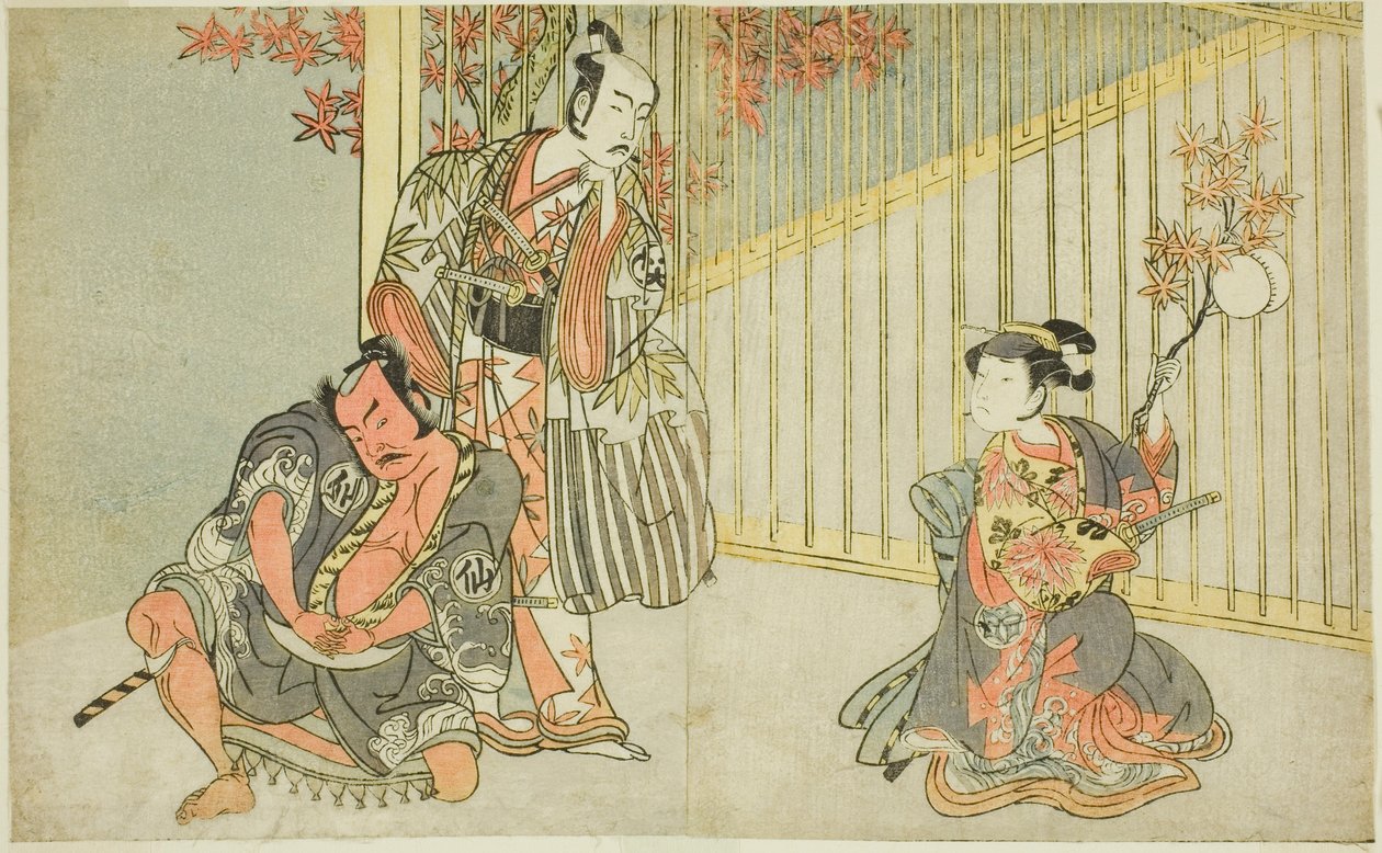 Skådespelarna Yamashita Kinsaku II som Mutsuhana (höger), Bando Mitsugoro I som Kashiwagi no Emon (mitten) och Nakamura Sukegoro II som Akamatsu Mushanosuke (vänster), i pjäsen Fuki Kaete Tsukimo Yoshiwara (Rethatched Roof: The Moon also Shines Over) Yoshi av Katsukawa Shunsho
