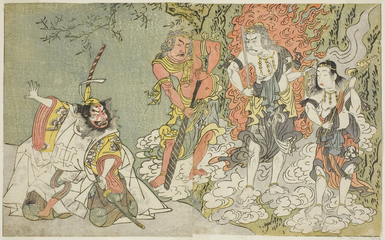 Pjäsen Fuki Kaete Tsuki mo Yoshiwara (Det omlagda taket: Månen skiner också över nöjesdistriktet Yoshiwara), uppförd på Morita-teatern under den elfte månaden, ca 1771-72 (träsnitt) av Katsukawa Shunsho