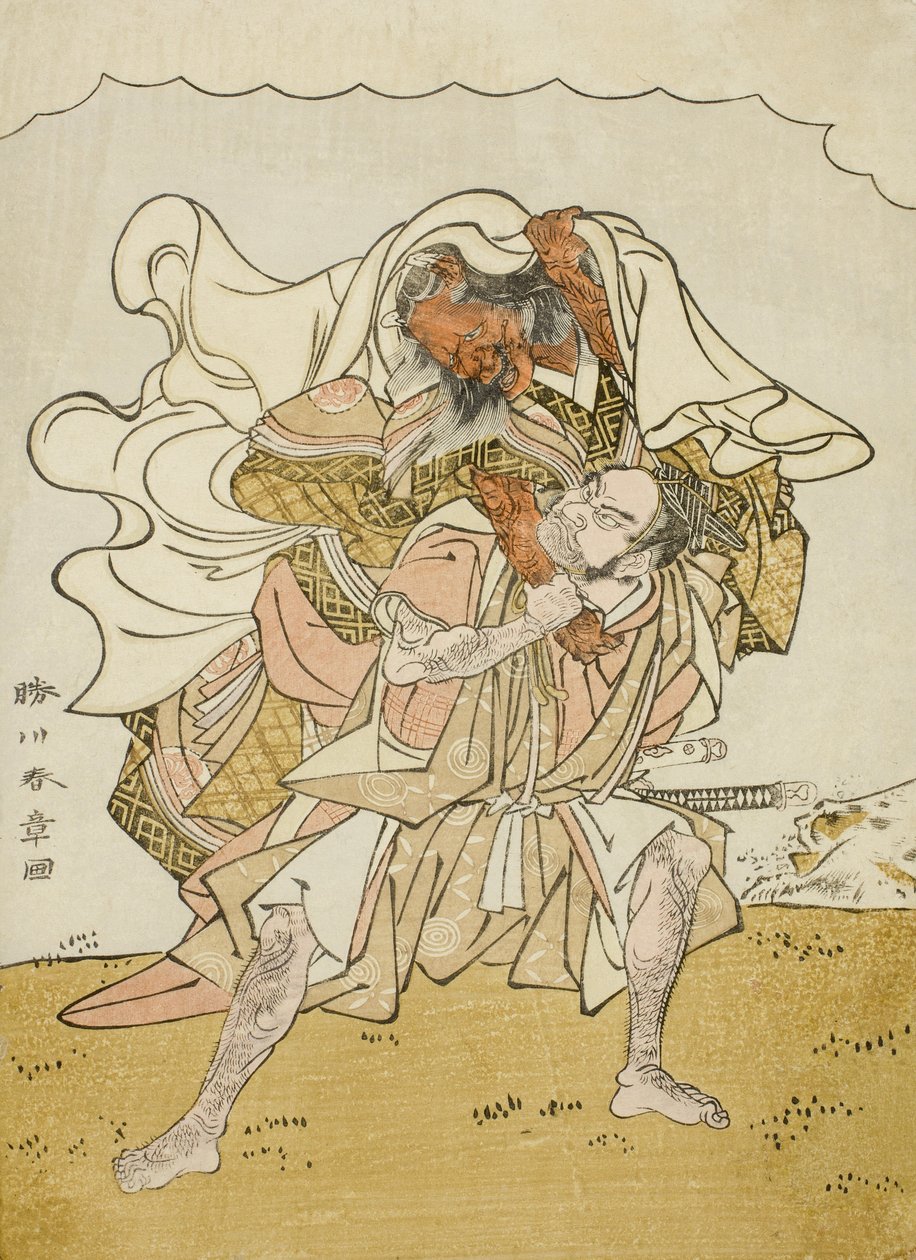 Krigaren Omori Hikoshichi bär en kvinnlig demon på ryggen, ca 1772 (trätryck i färg; chuban) av Katsukawa Shunsho