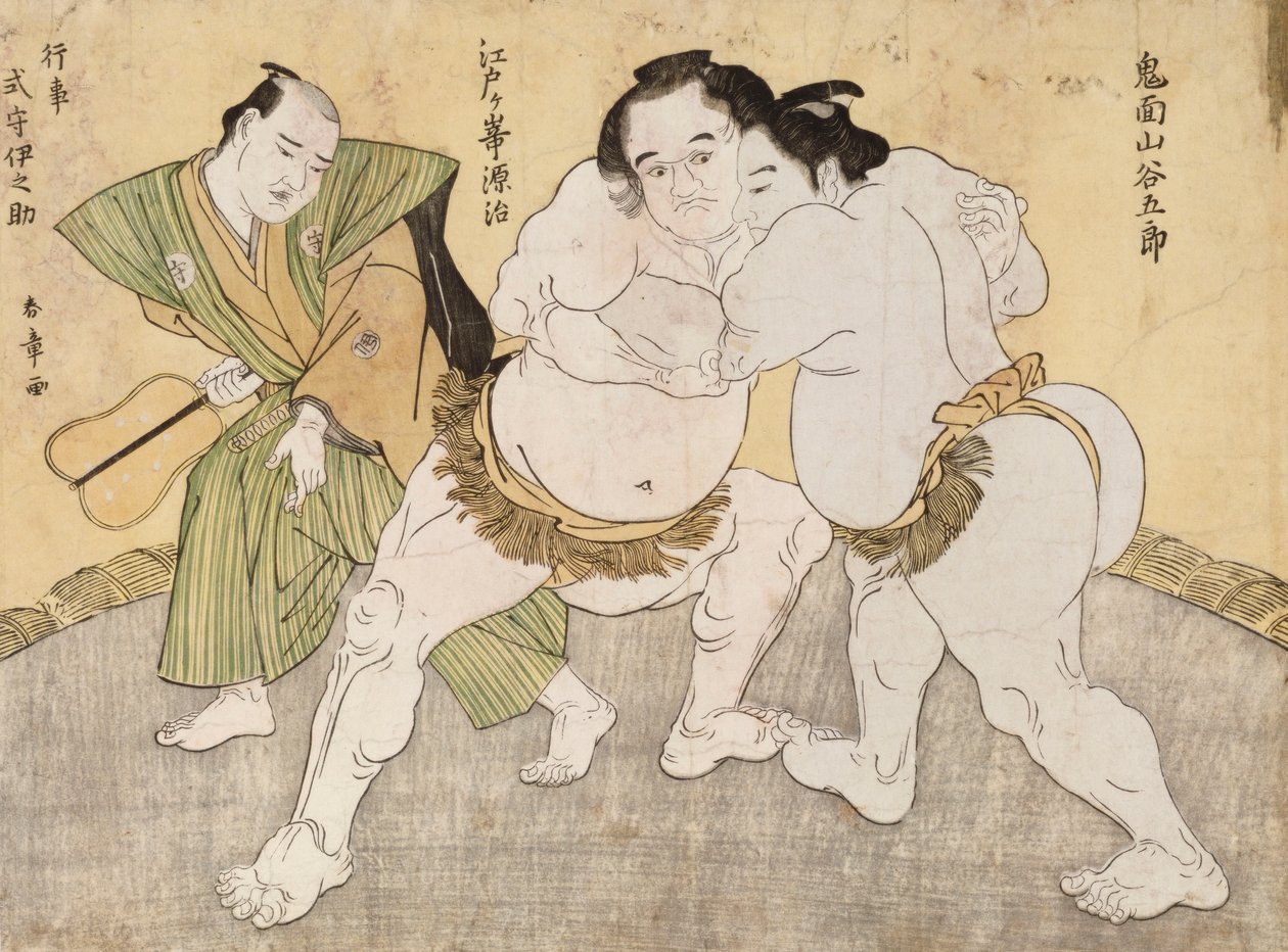 Brottningsmatchen mellan Kimenzan Tanigoro och Edogasaki Gemji (trätryck i färg) av Katsukawa Shunsho